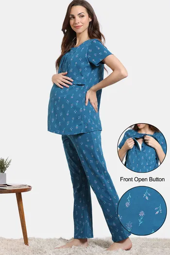 Buy Zivame Maternity Scribbled Meadows Knit Cotton Pyjama Set - Lyons Blue